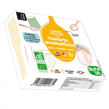 Etui ferments pour yaourts aromatisés : vanille, framboise et abricot 