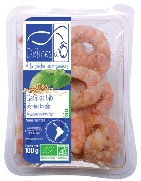 Gambas cuites décortiquées marinées au sésame et basilic, origine Equateur